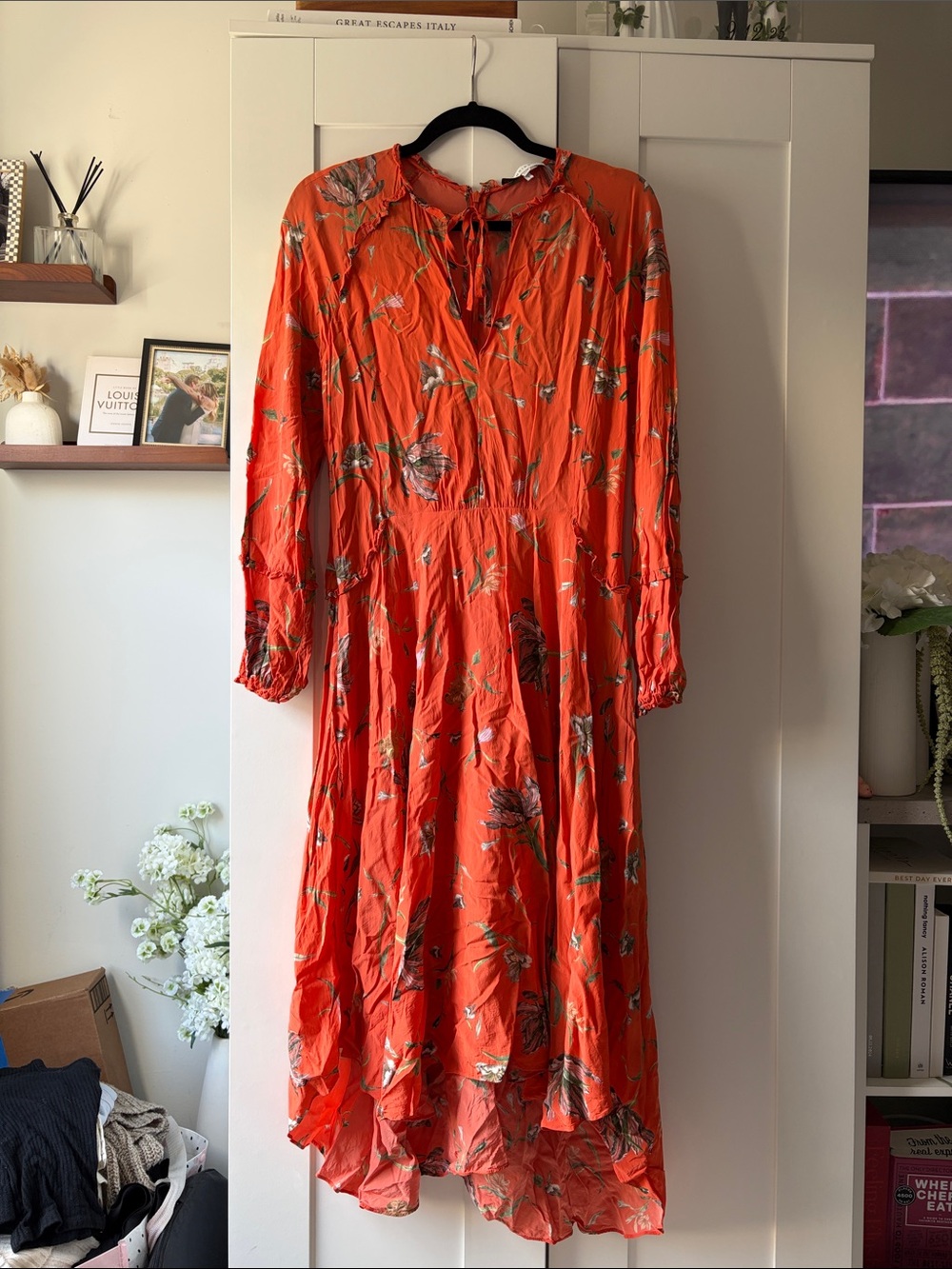 Reiss Bright Orange Floral High-Low Midi Dress